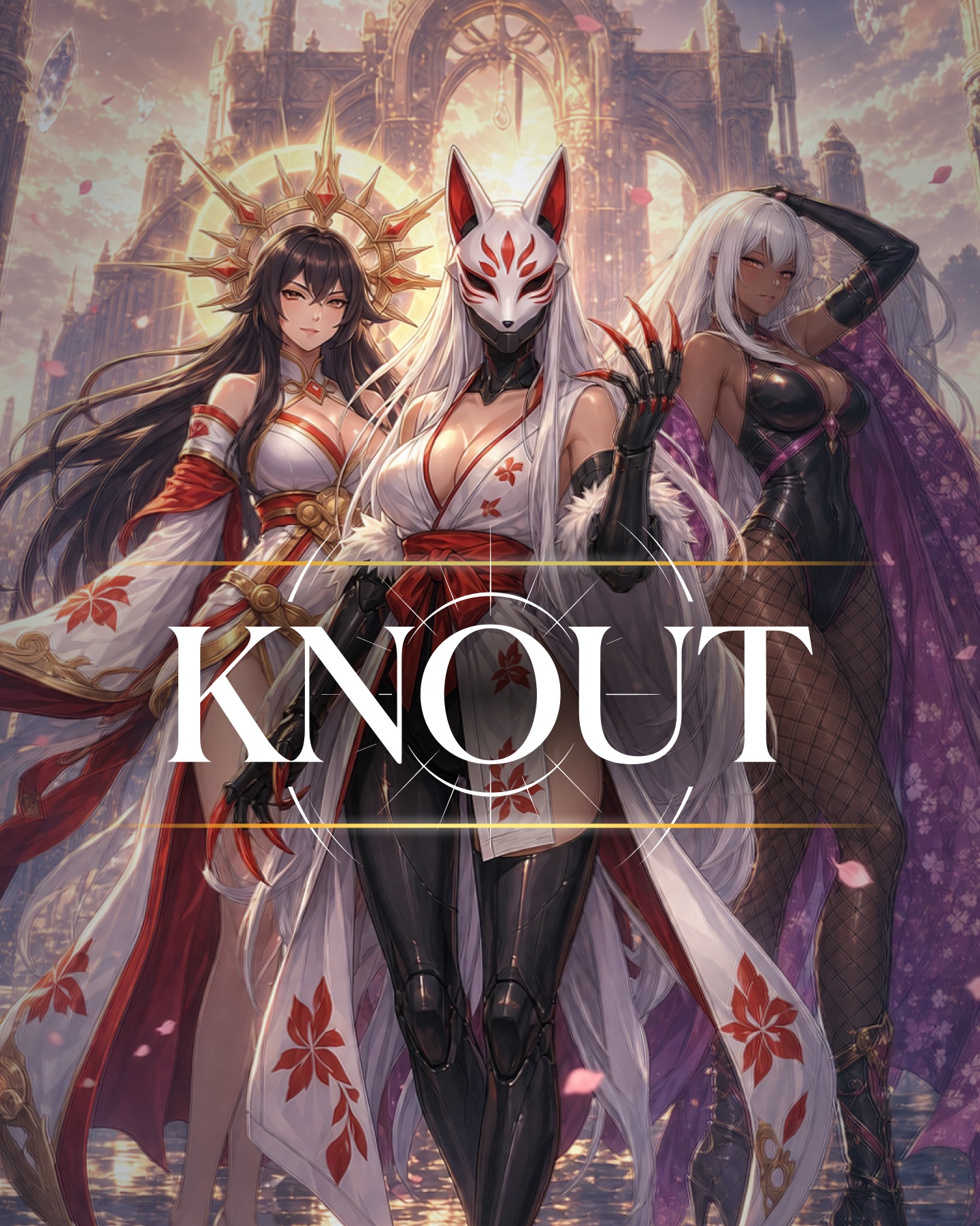 Knout-Charaktere vor einer leuchtenden Fantasiestadt mit dem Knout-Schriftzug